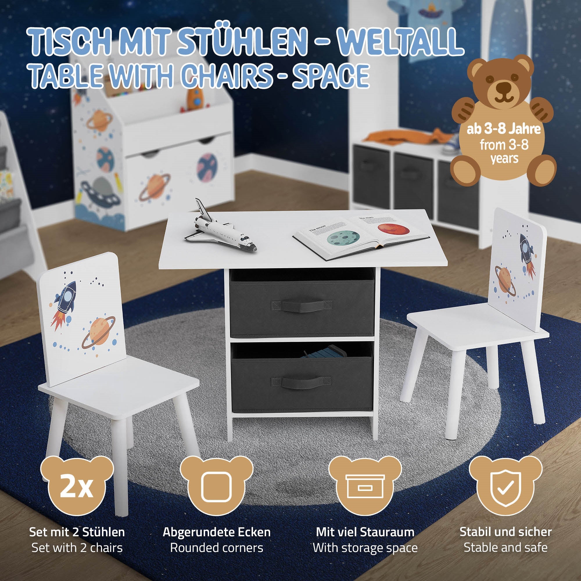 Ensemble Table + 2 Chaises Enfants Motif Espace - Bois, Rangement, Pour 3-8 Ans