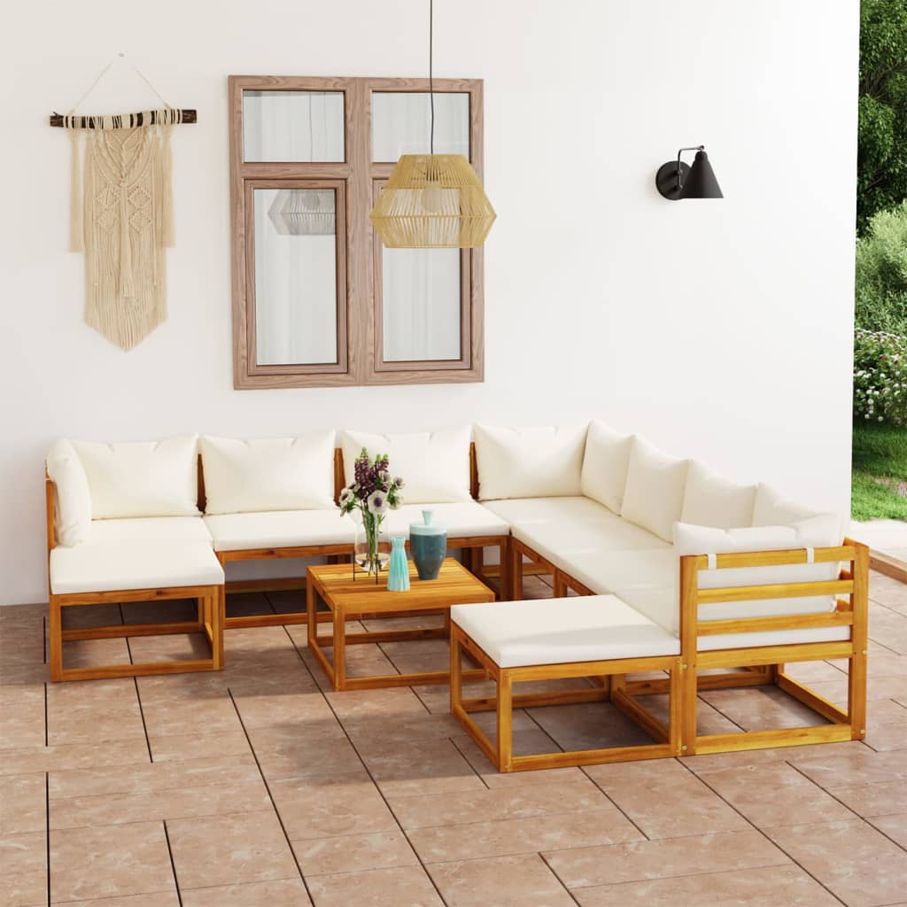 Salon de jardin 11 pcs avec coussin Crème Bois d'acacia solide - 2