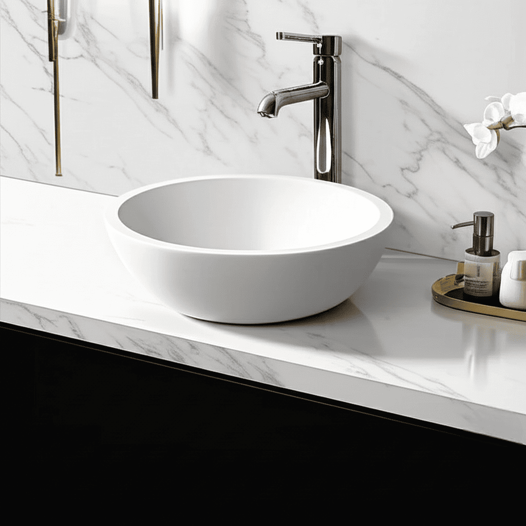Lavabo Da Appoggio Rotondo Eridanus In Porcellana Vitrea – 39x39x16 Cm, Bianco Lucido, Facile Da Pulire