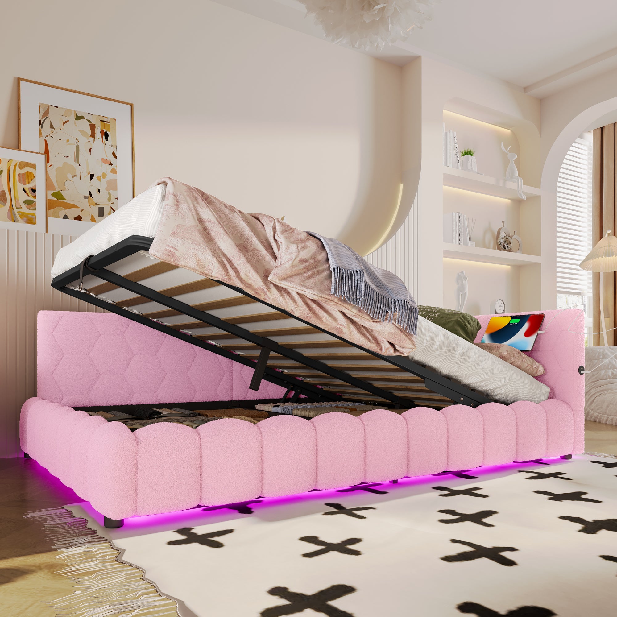 Lit Coffre 90 X 200 Cm Avec Tête De Lit Rangement - Prises USB Et Type-C - MDF - Naturel  Sans Matelas 96658203