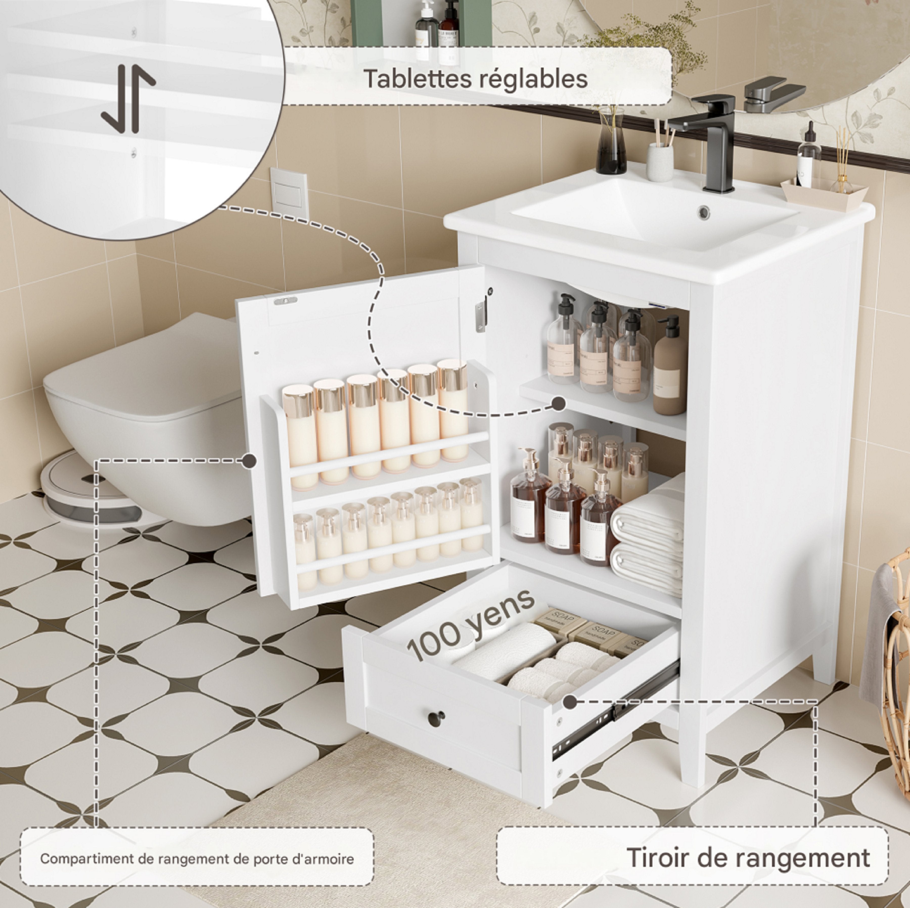 Meuble de salle de bain sur pied 51 x 46 x 85 cm avec vasque, meuble vasque, finition laquée intégrale, étagère de porte, blanc - 6