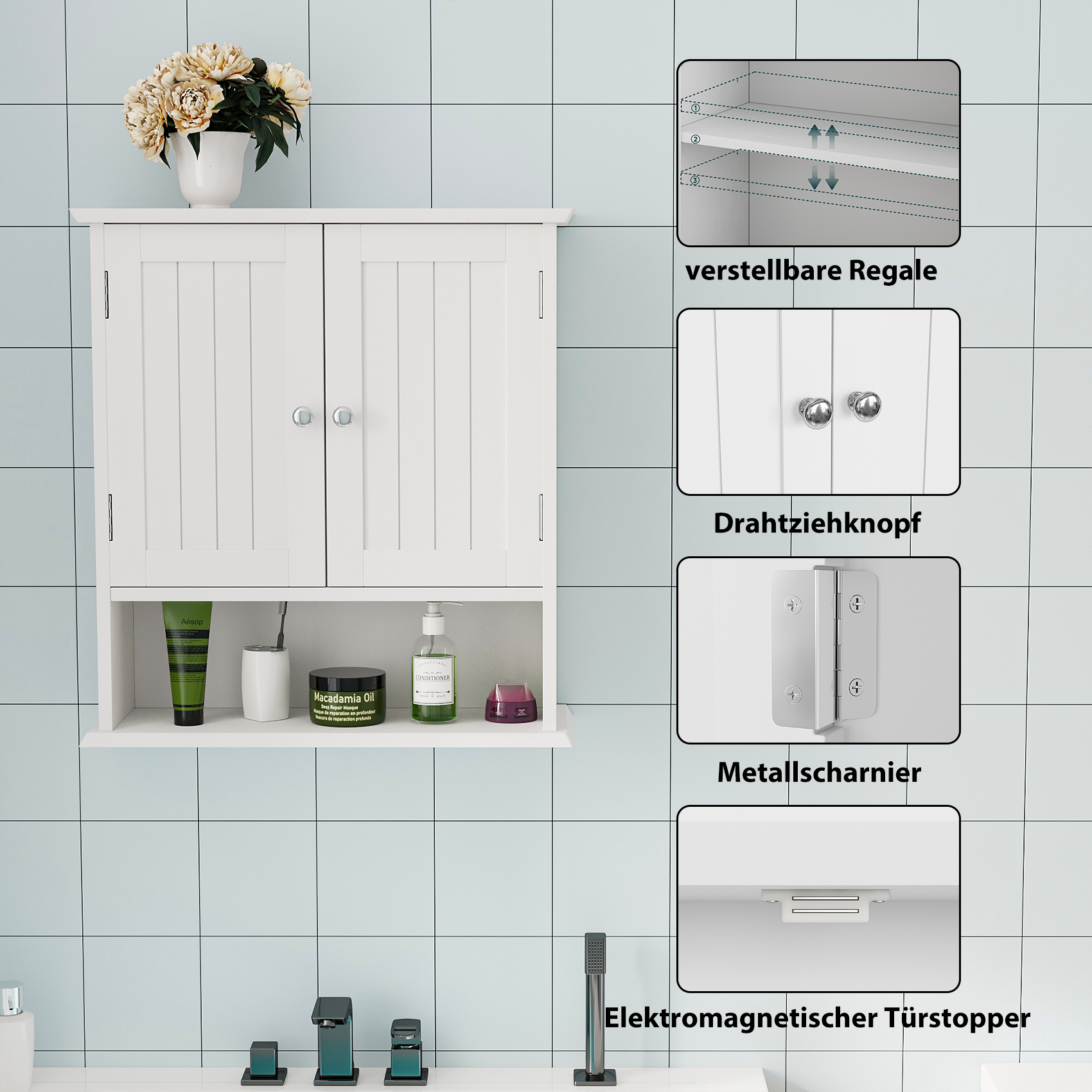 Armoire de salle de bain murale blanche, armoire à pharmacie avec portes doubles et étagères réglables, armoire murale de salle de bain au-dessus de l - 6