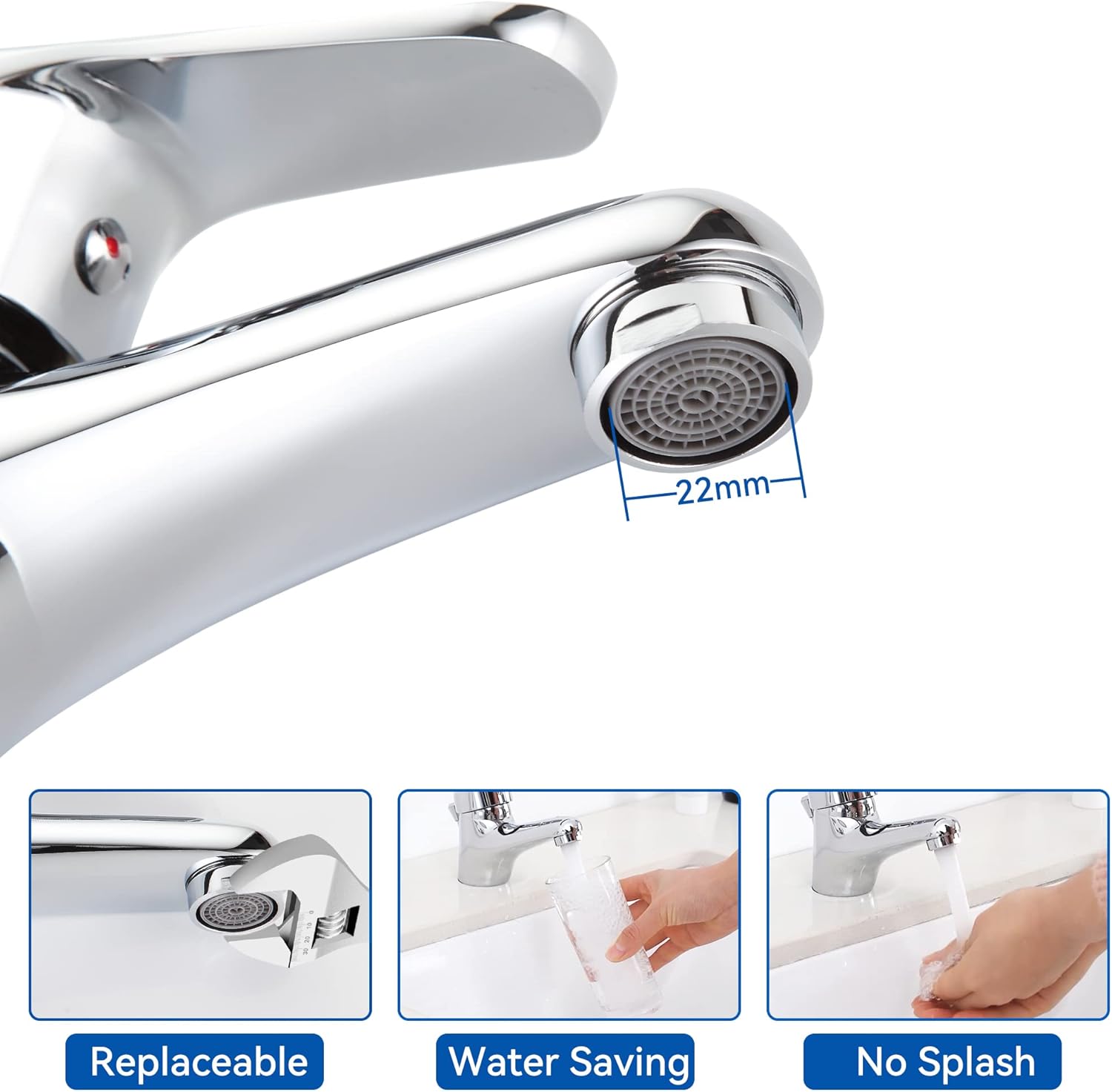 Mitigeur Lavabo Monotrou avec Tirette de Vidage, Bonde Incluse, Robinet Salle de Bain Chromé Robinetterie en Laiton Mousseur Démontable - 3