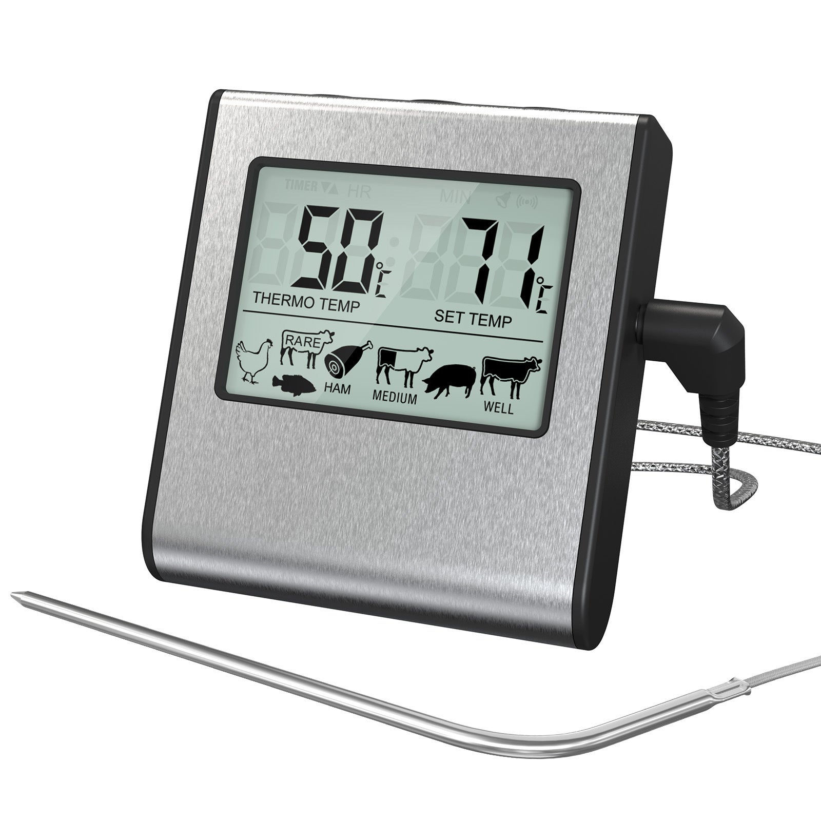 Cyfrowy termometr do mięsa z dużym wyświetlaczem LCD do wędzarni, piekarnika, grilla, termometr z timerem i sondą temperatury