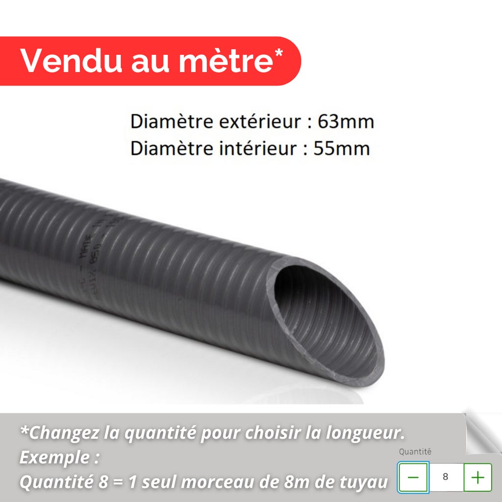 Vente au mètre / Tuyau PVC Pression 63mm / Coloris Gris / Semi-rigide à ...