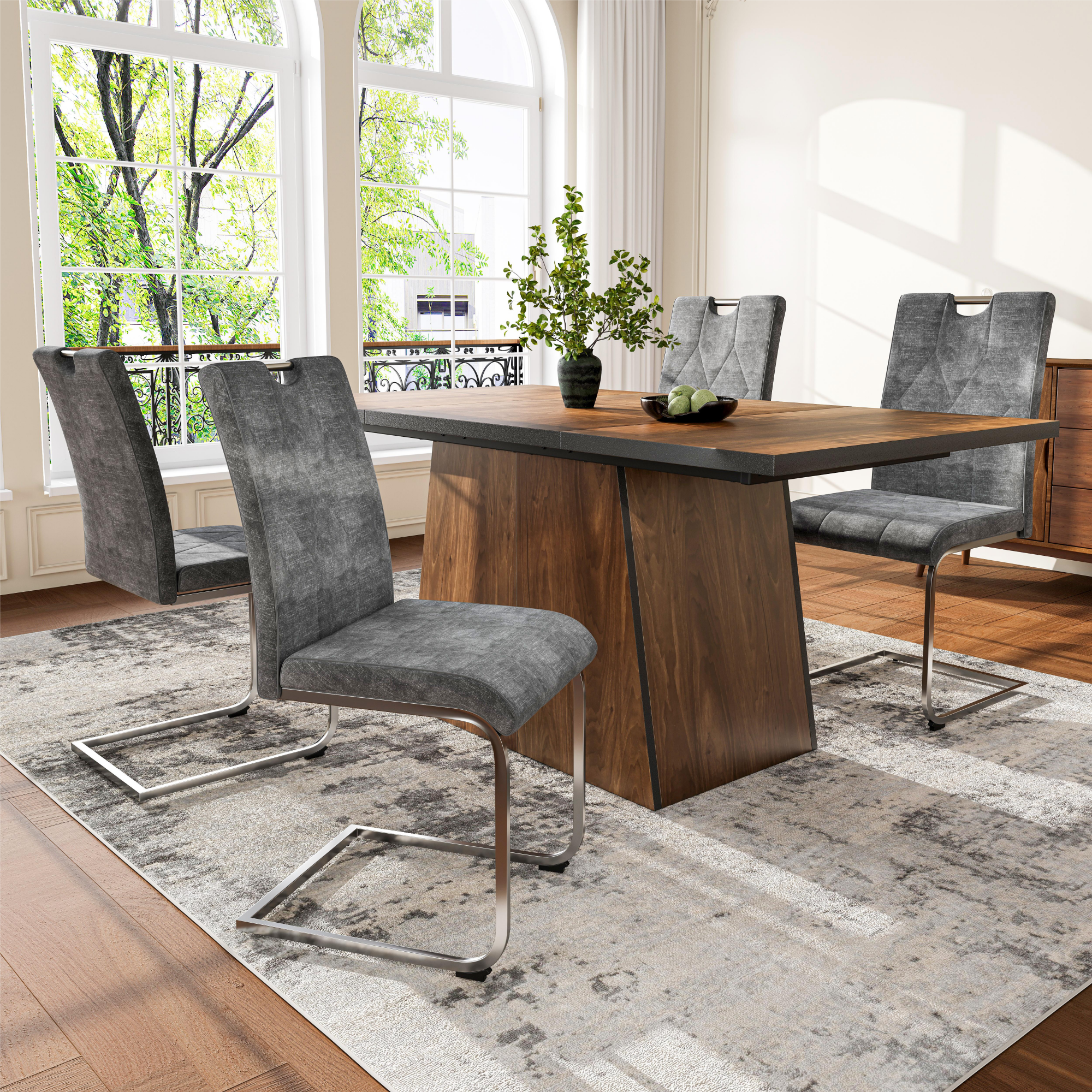 Set Tavolo Da Pranzo Rotondo + 4 Sedie In Velluto - P 80 X H 76 Cm - Gambe In MDF E Metallo Nero - Effetto Marmo - Bianco + Grigio | Leroy Merlin