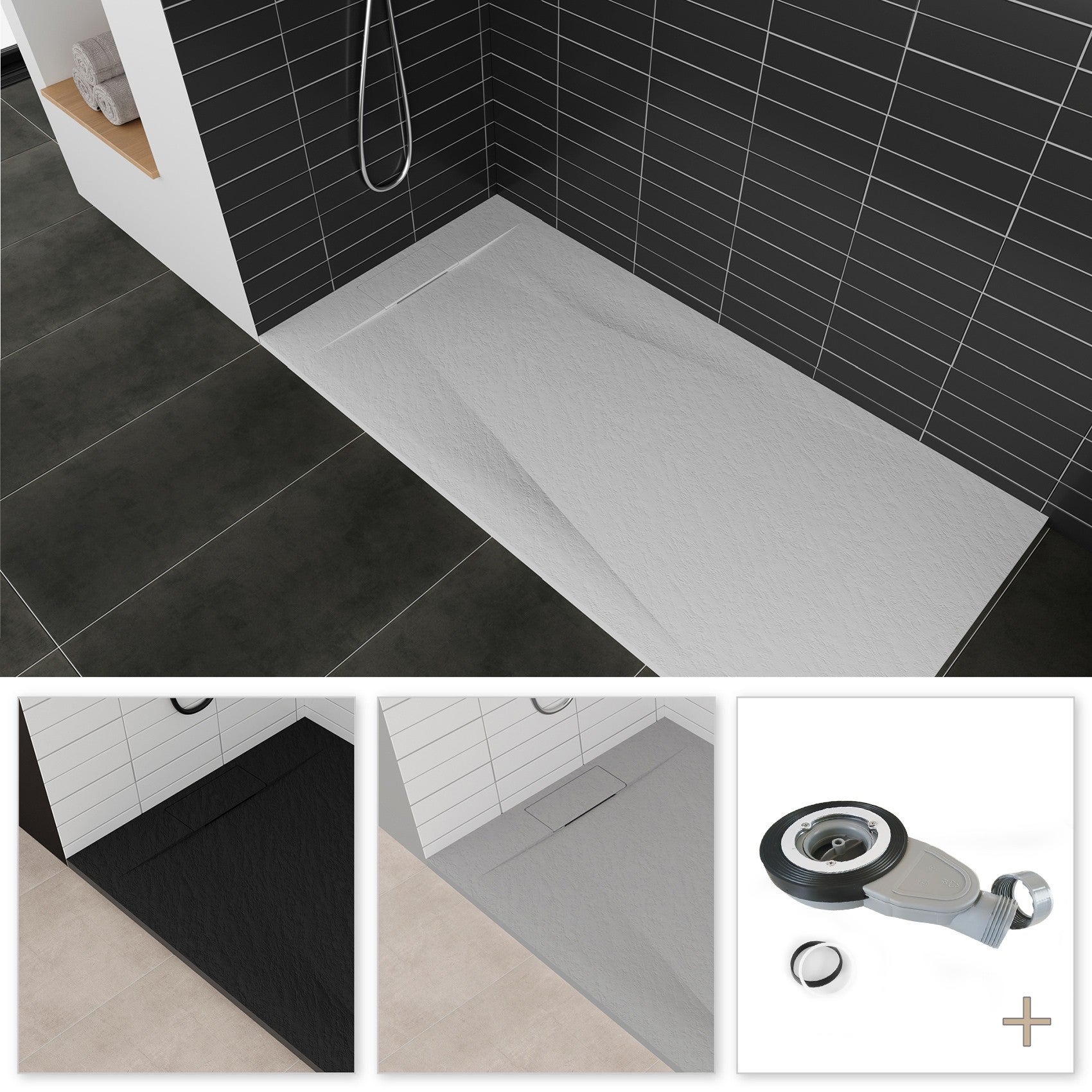 POLAR Receveur de douche 90 x 90 cm Blanc extra-plat effet pierre antidérapant + bonde incluse - 9