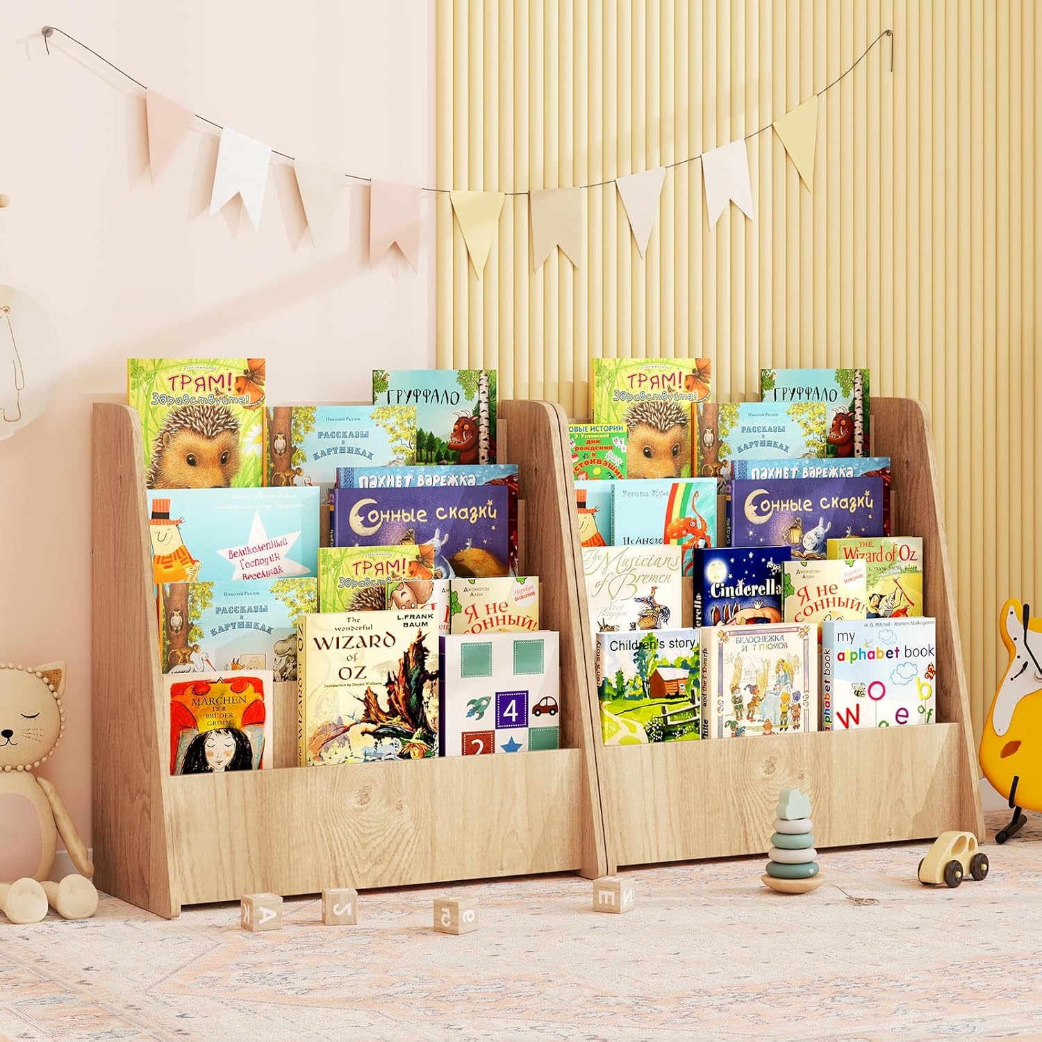 Libreria per Bambini a 4 Ripiani, Scaffale in Legno con Ampio Spazio di Esposizione, Porta Riviste per Camera dei Bambini Sala Giochi e Aula, - 9