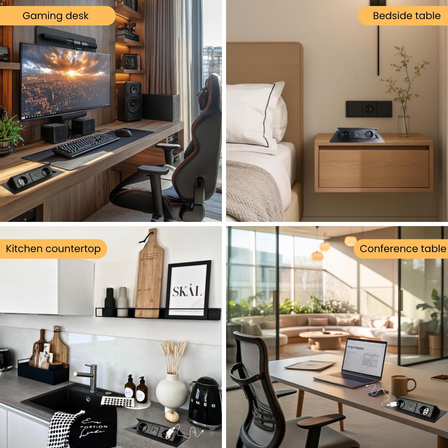 Multiprise Encastrable Escamotable avec 2 Prises SCHUKO + 2 Prises USB (A+C), Câble de 1,5 m – Pour Bureau et Table (Couleur Noir) - 5