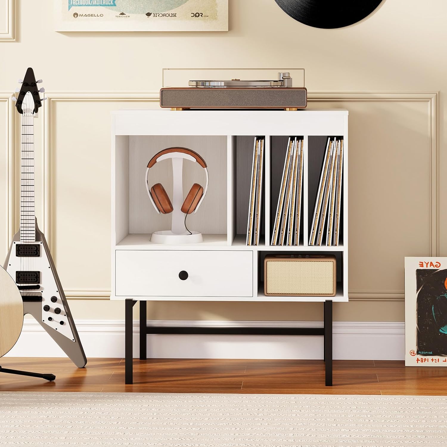 Meuble Platine Vinyle 3 Niveaux Pour Albums, Support De Tourne Disques Avec Tiroir Compartiments Ouverts Pour Vinyles Pour Salon Studio Noir 96926034