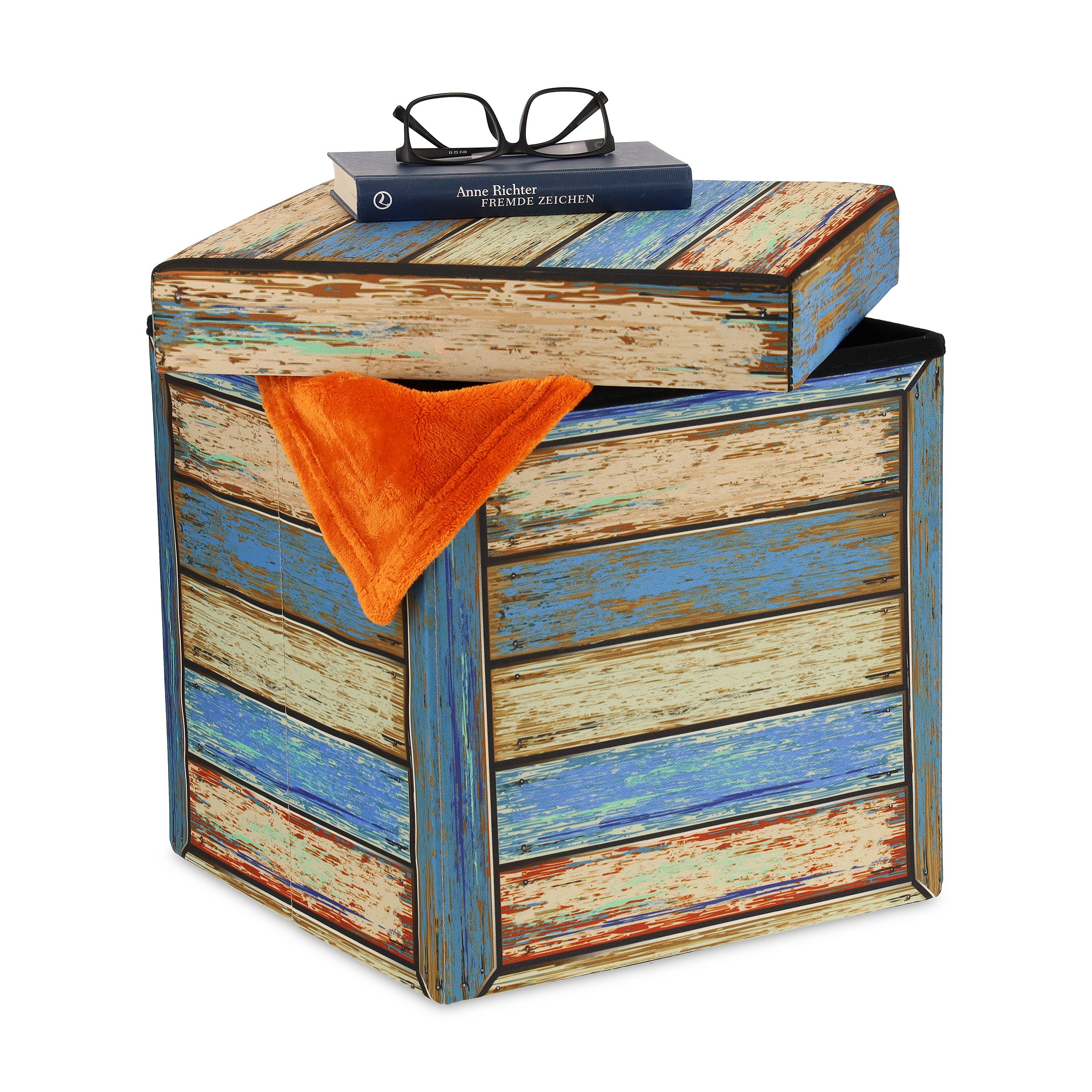Relaxdays taburete con almacenaje, reposapiés plegable, efecto caja de madera, acolchado, 38x37,5x37,5 cm, multicolor
