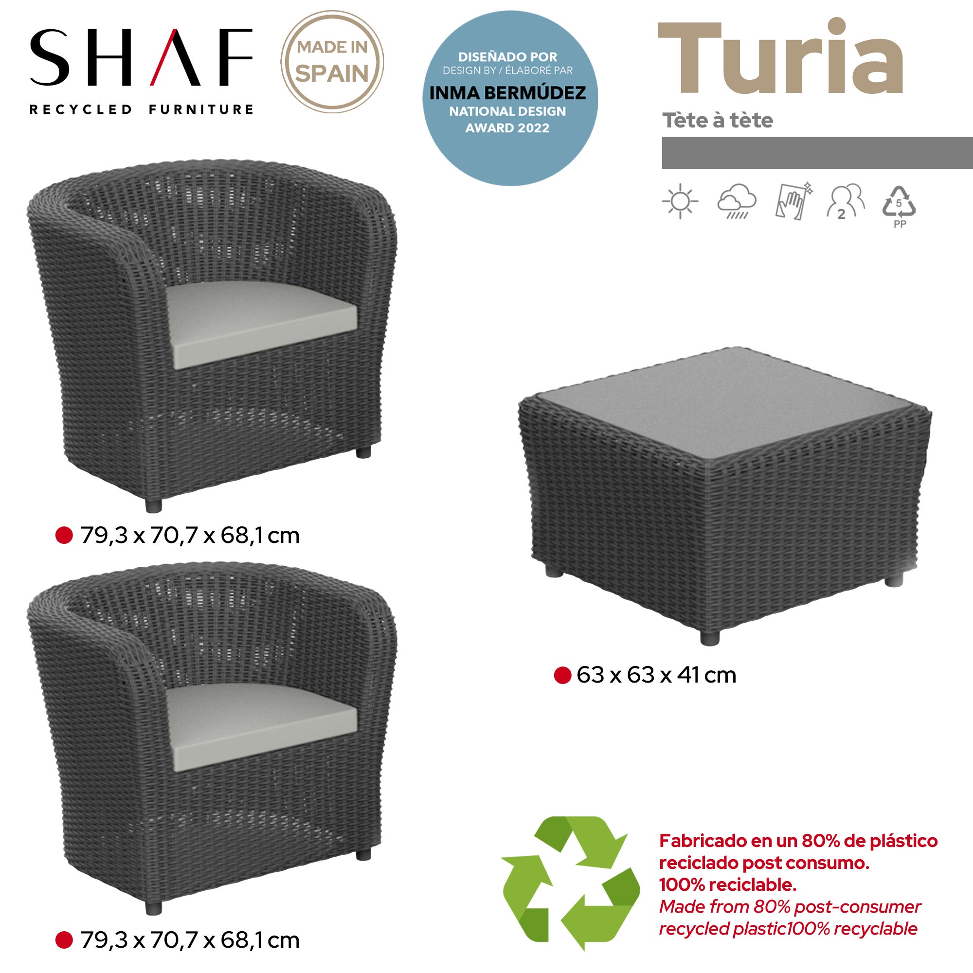 Shaf - Nova Tête à Tête | Set Muebles de Jardin de Color Antracita | Fabricado en España con Materiales Reciclados - 4