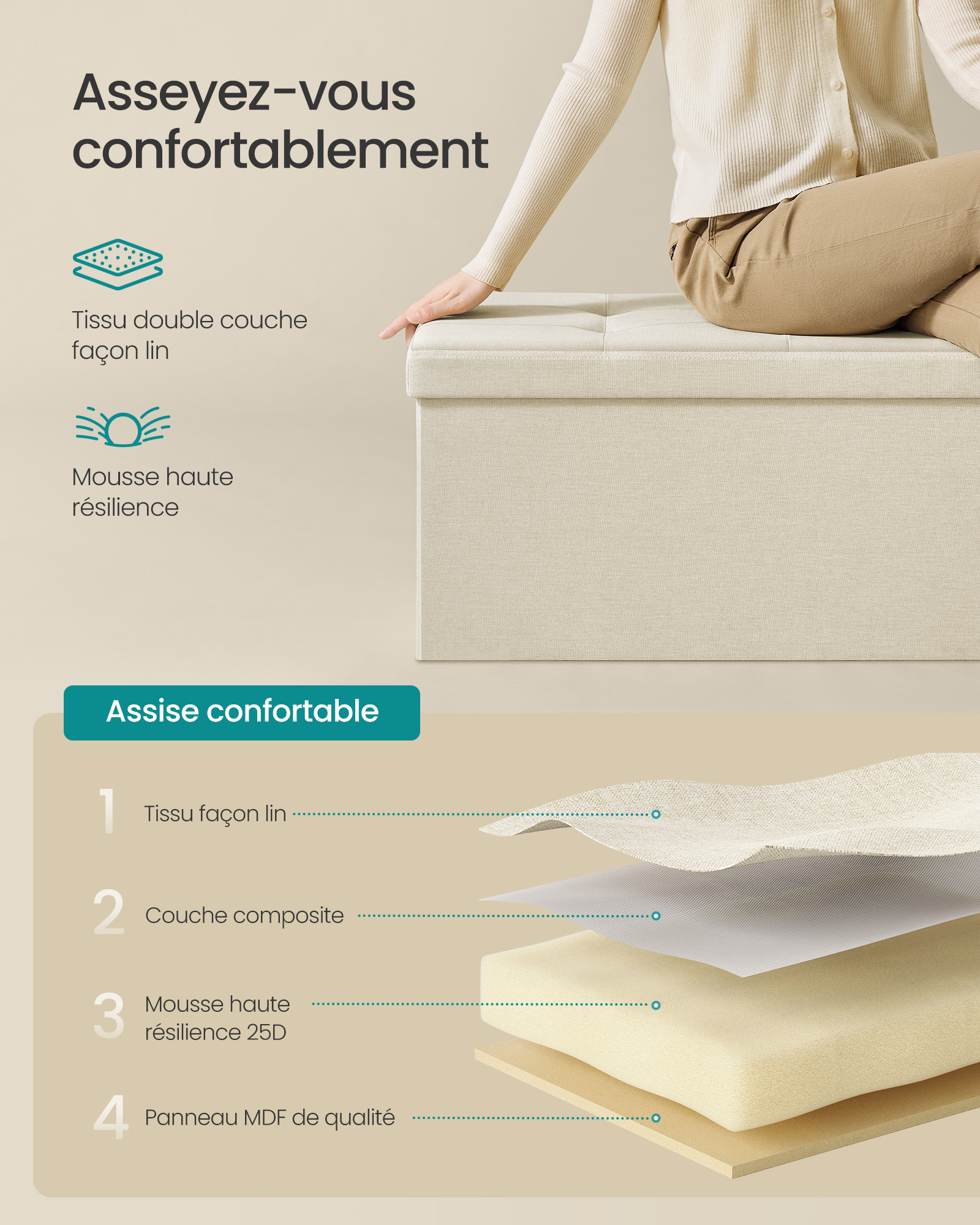 Banc de Rangement Pliable de 110 cm, Coffre de Rangement, Tabouret Repose-Pieds, Pouf de Chambre, Beige - 4