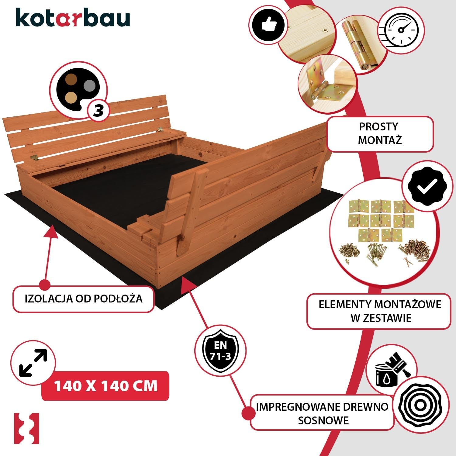 KOTARBAU Bac à Sable Enfant Extérieur Bois 140 x 140 cm Marron avec Couvercle et Bancs Bac à Sable Refermable Imprégné Avec Tissu - 5
