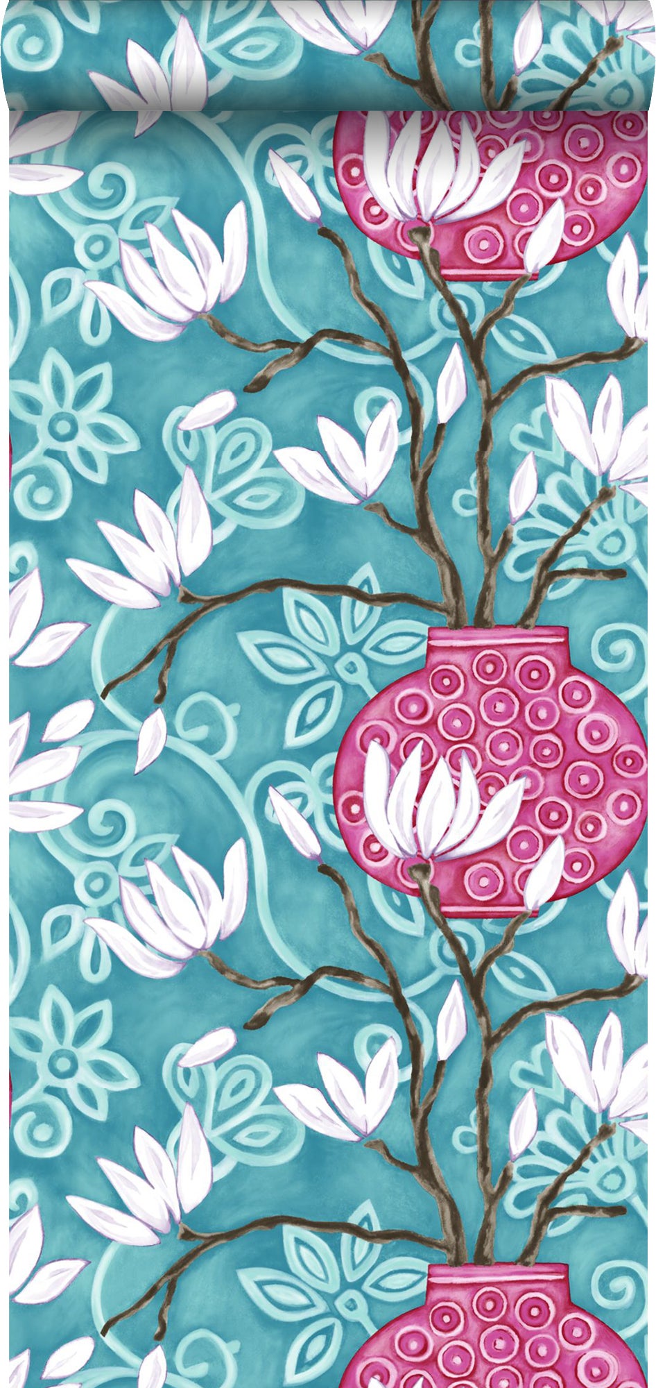Papel pintado magnolia turquesa y rosa - 53 cm x 10,05 m - origin wallcoverings