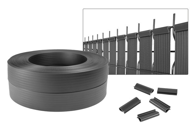 Lamelles occultantes BALDO 200mX46mm rouleau PVC Gris - Kit complet fixation avec clips