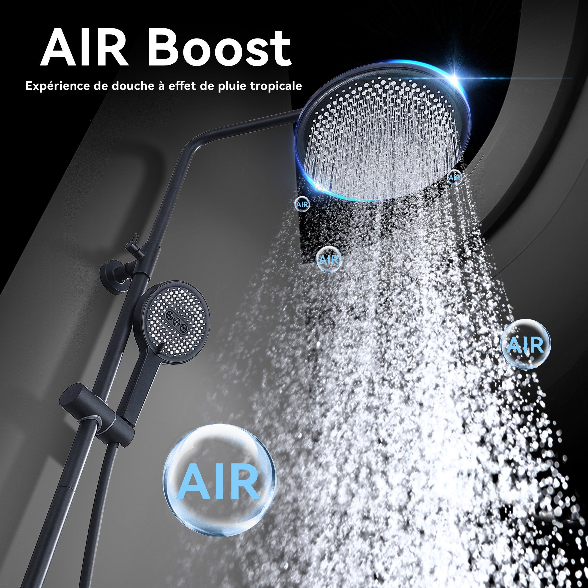 Coluna de chuveiro termostática, conjunto de chuveiro preto com 3 jatos, kit de chuveiro de mão com altura ajustável - 5