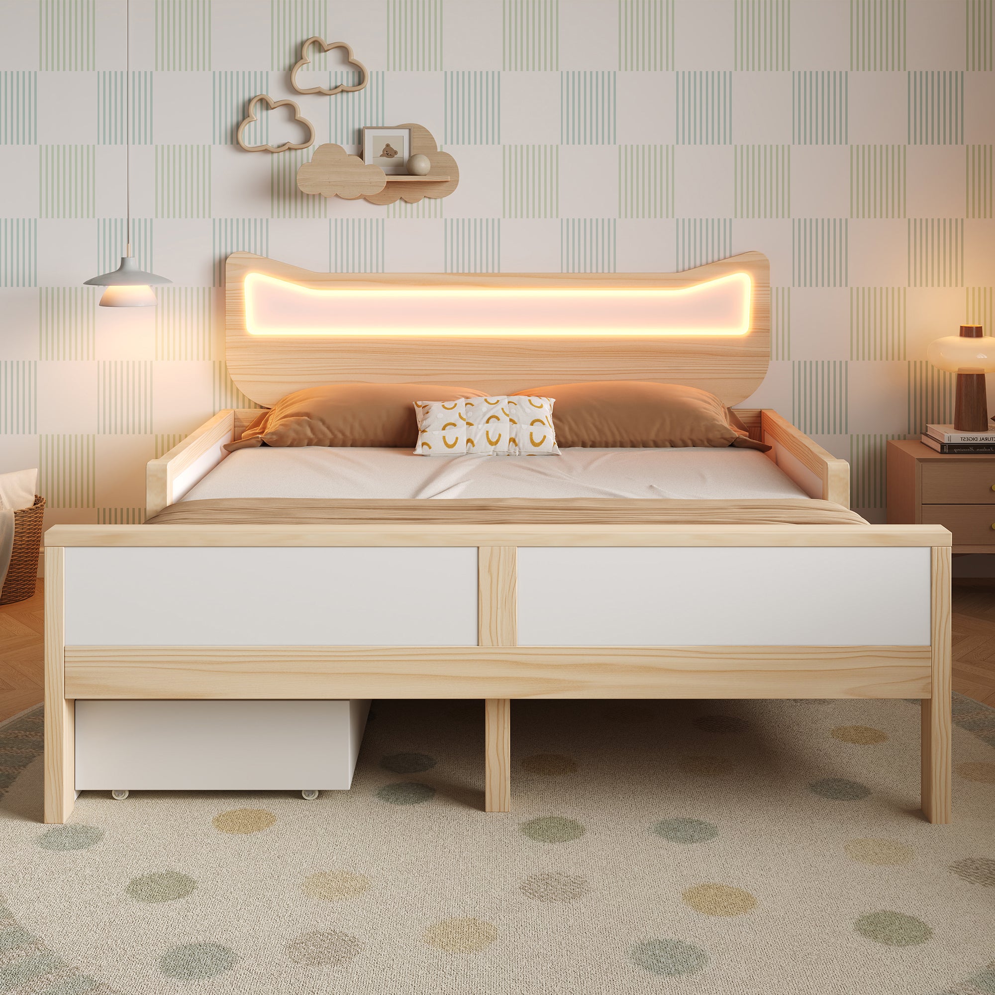 Łóżko pojedyncze dziecięce 140x200cm - wezgłowie uszy kota - z oświetleniem LED RGB i 1 szufladą - Biały + Naturalny
