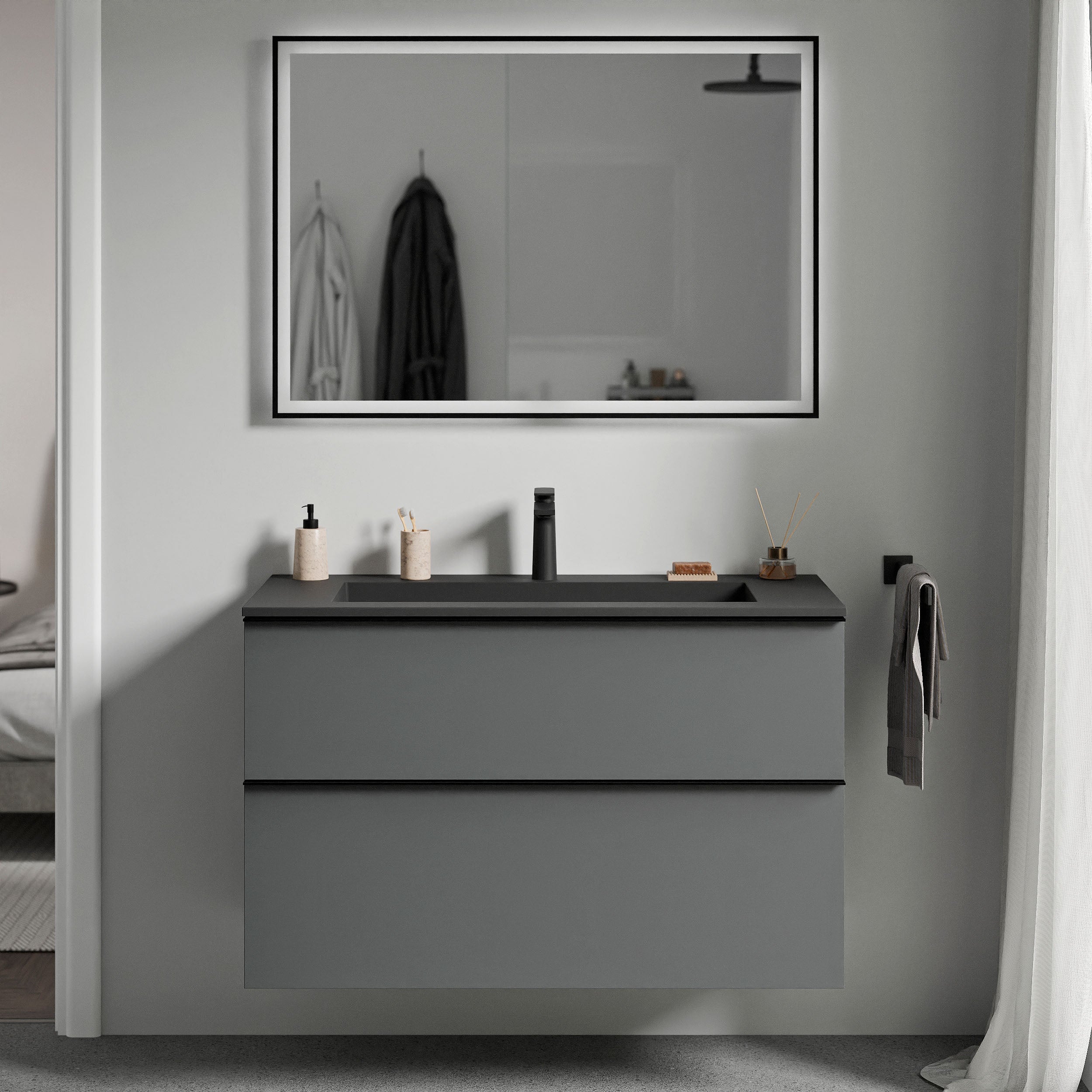 Bernstein - mueble lavabo suspendido mdf antracita mate, lavabo fundición negro mate + orificio grifería, tirador antracita mate 80x46x62cm - lavoa