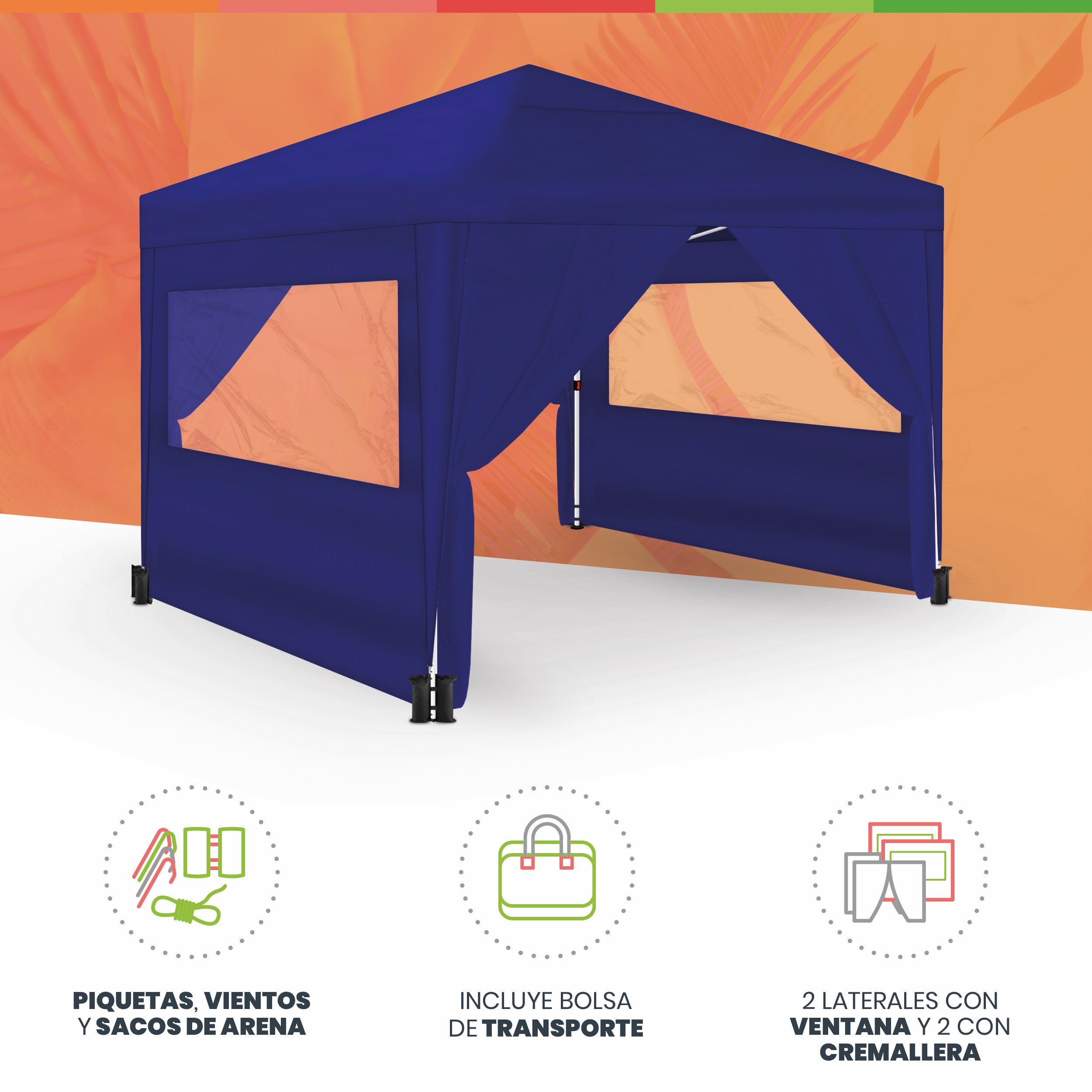 Wasabi - Carpa plegable 3x3 m Azul - 4 paredes laterales - Saco de transporte - Bolsas de arena para mayor aguante - Pérgola jardín - 2
