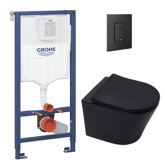Pack WC Bâti-support Rapid SL + WC sans bride SAT Noir mat + Abattant softclose + Plaque Noir mat (RapidSL-BlackInfinitio-KF0)