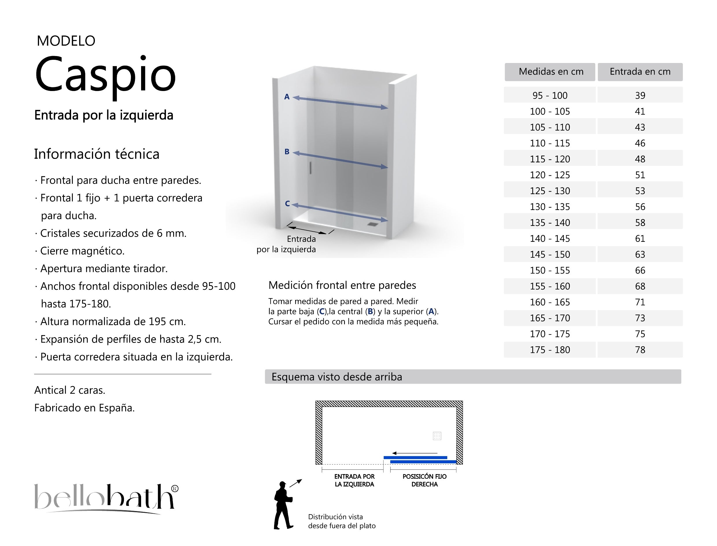 BELLOBATH - Mampara de Ducha Frontal Corredera + Fijo - Vidrio Templado 6mm Antical - Plata Brillo - Ancho 110 a 115cm - Puerta Izquierda -Alto 195cm - 7