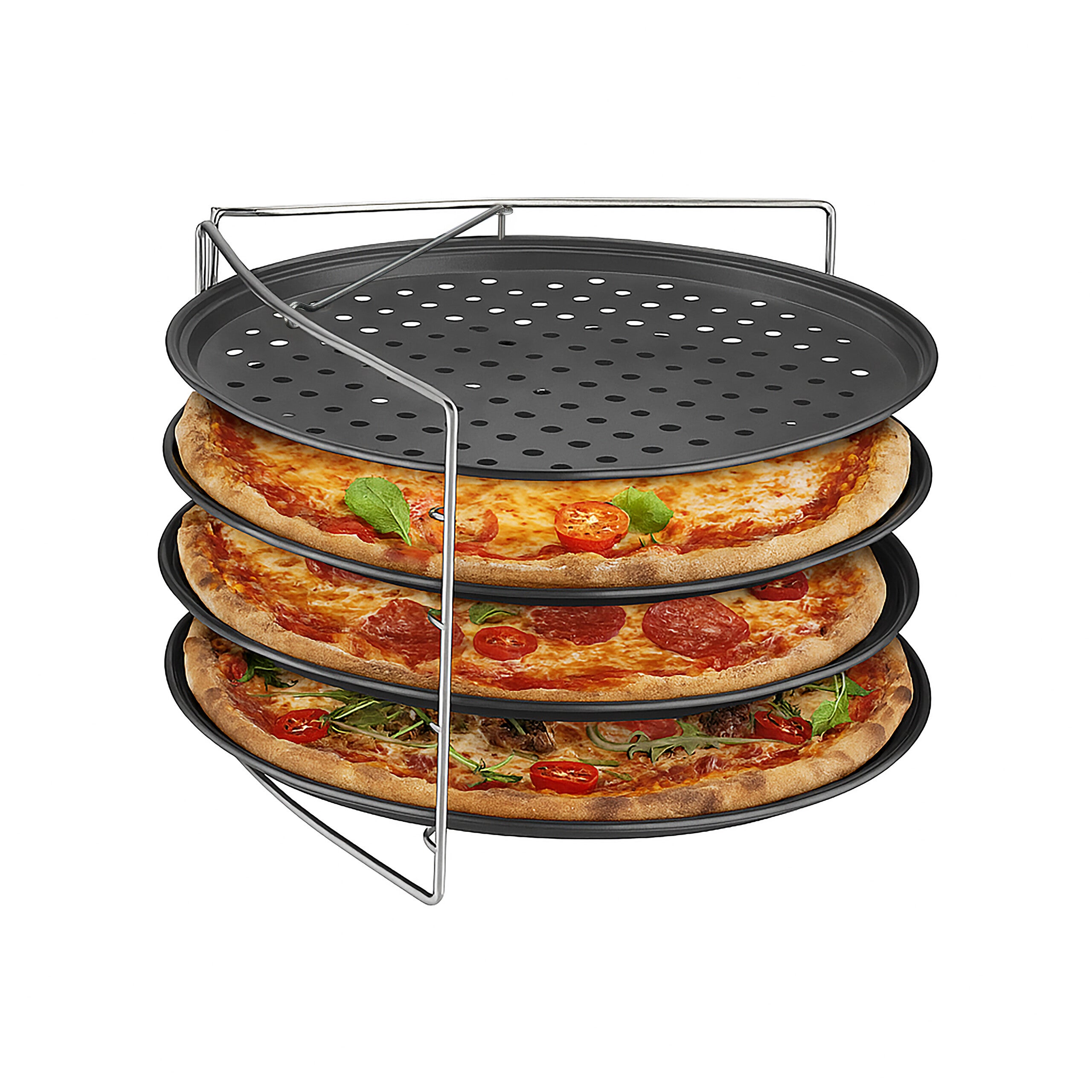 Set Di 6 Teglie Per Pizza Antiaderenti, Rotonde 30,5 Cm, In Acciaio Al Carbonio, Impilabili, Nere