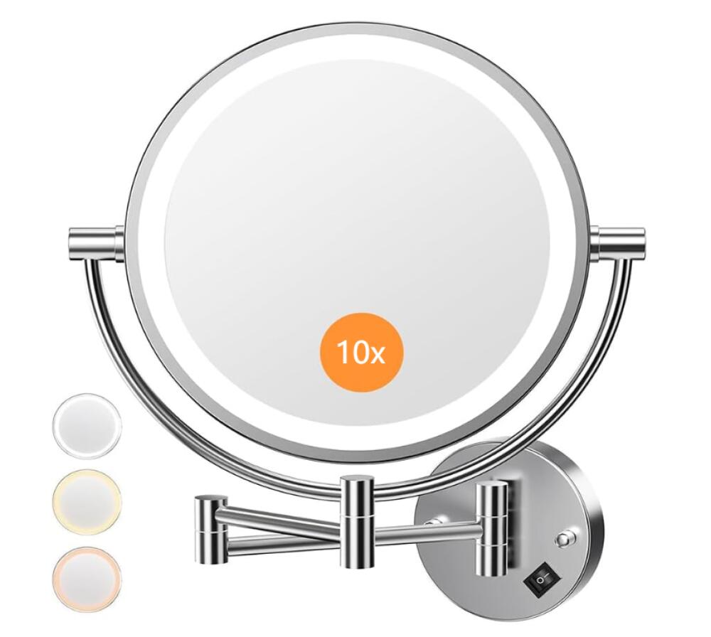 Espejo de aumento de pared iluminado de 8 pulgadas (30 unidades), 3 colores, aumento 1x/10x, carga con enchufe europeo, rotación de 360° y extensible