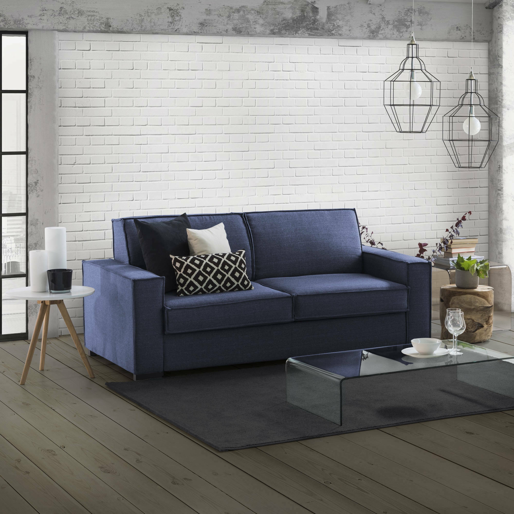 Sofá cama 2 plazas giuliana, sofá de salón con apertura giratoria, tejido acolchado, reposabrazos estándar, 100% made in italy, 180x95h90 cm, azul
