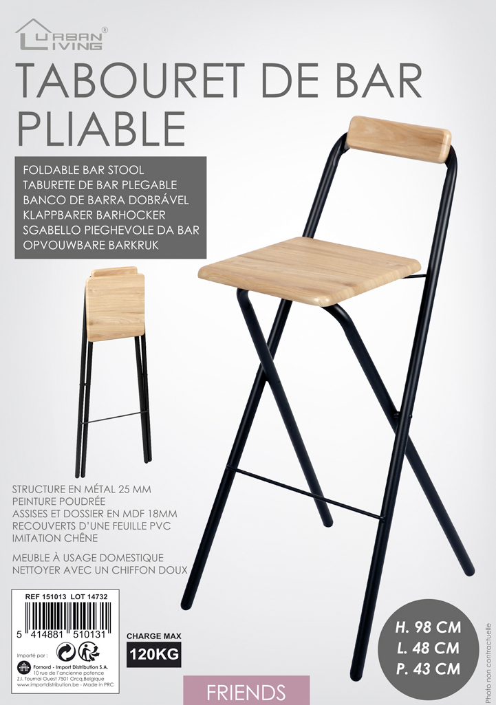 Tabouret de bar pliant avec dossier - Bois effet chêne et noir - L 48 x P 43 x H 98 cm - 7