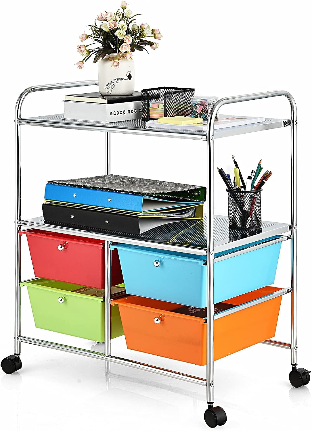Chariot De Rangement 4 Tiroirs Sur Roulettes – Plateau Bois, Gris, Grande Capacité, Pour Cuisine, Salon, Chambre