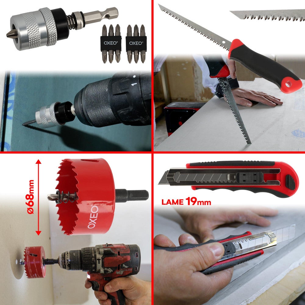 Kit outils plaquiste pro - 10 Outils - Couteau isolant - Cale plaque - Pince - Cutter - Cisaille - Scie cloche - Porte embout - 2