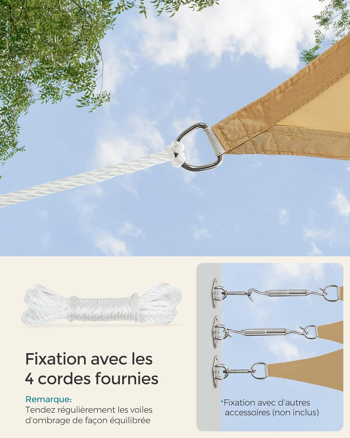 Voile d'Ombrage 3 x 4 m, Hydrofuge Colonne d’Eau de 665 mm, Polyester Anti-déchirure, Protection UV 93%, Terrasse, Jardin, Balcon, Rectangulaire, Cord - 7