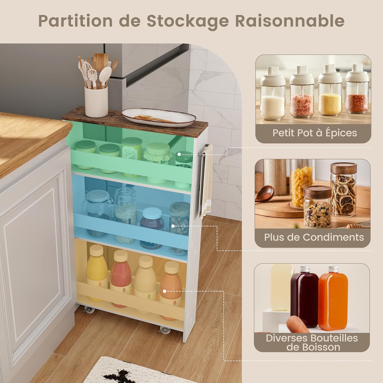 Chariot de Rangement Largeur 13 cm à roulettes, Desserte de Cuisine à 4 Niveaux, Poignée Latérale et Roues Universelles avec Freins (Blanc+ Brun) - 3