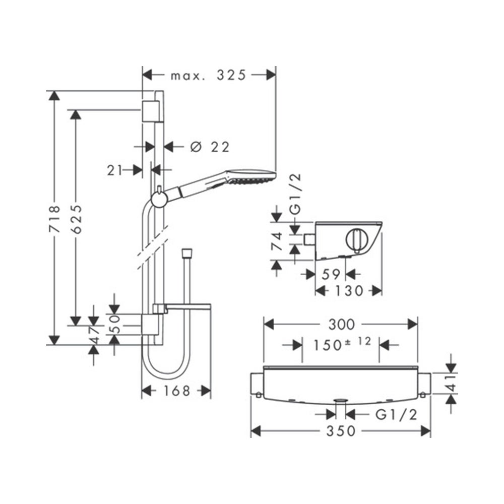 Ensemble douche HANSGROHE Raindance Select E 120 3 jets + mitigeur thermostatique Ecostat Select + Barre 65 cm - 2