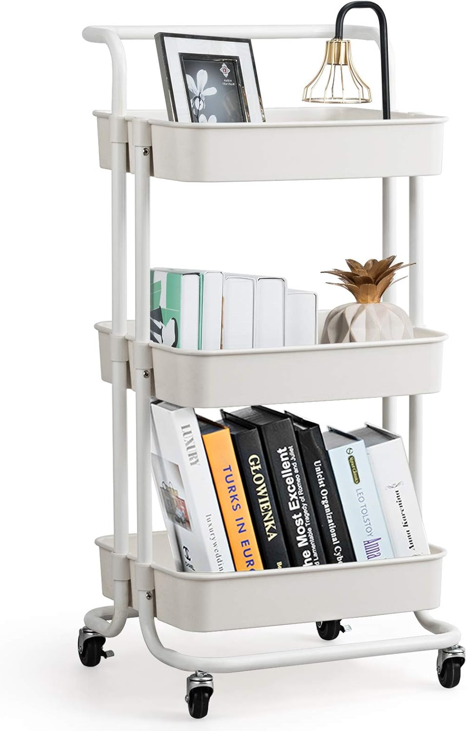 Wózek do Przechowywania z 3 Koszami Ciseles, Wyposażony w 4 Uniwersalne Kółka, 2 z Hamulcem, Nośność 20 kg, Wymiary 42 x 35 x 87 cm (Biały)