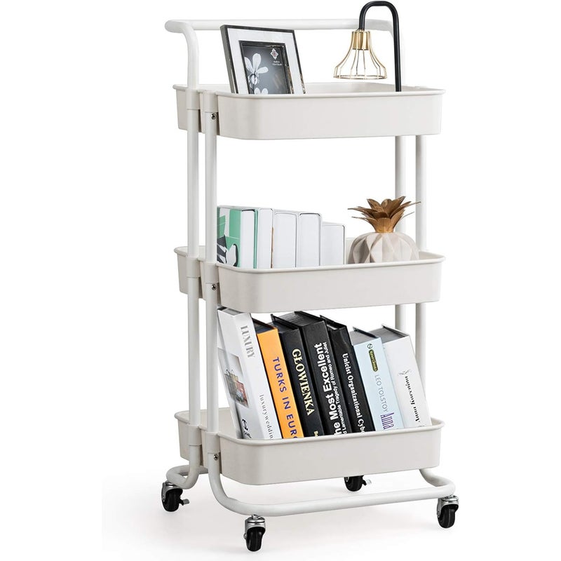 Wózek do Przechowywania z 3 Koszami Ciseles, Wyposażony w 4 Uniwersalne Kółka, 2 z Hamulcem, Nośność 20 kg, Wymiary 42 x 35 x 87 cm (Biały)