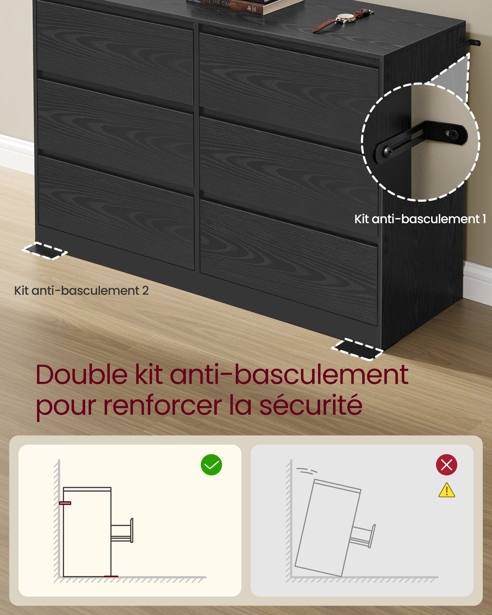 Commode Chambre 6 Tiroirs, Armoire de Rangement, Meuble à Vêtements, 40 x 119,4 x 75 cm, Style Moderne, Noir Boisé - 3