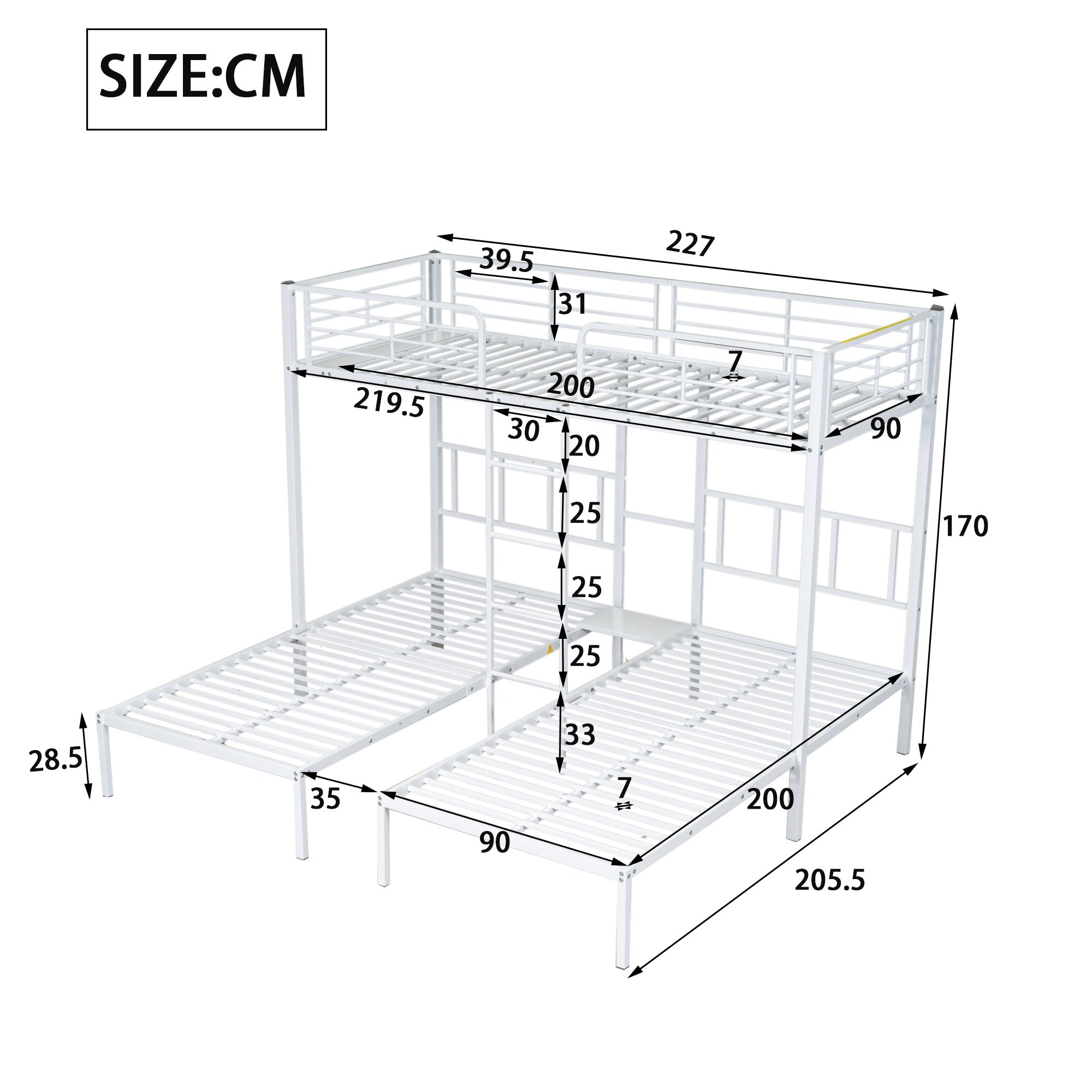 Łóżko piętrowe potrójne 3x90x200cm z drabinką i półką - metalowa rama - Biały - 9