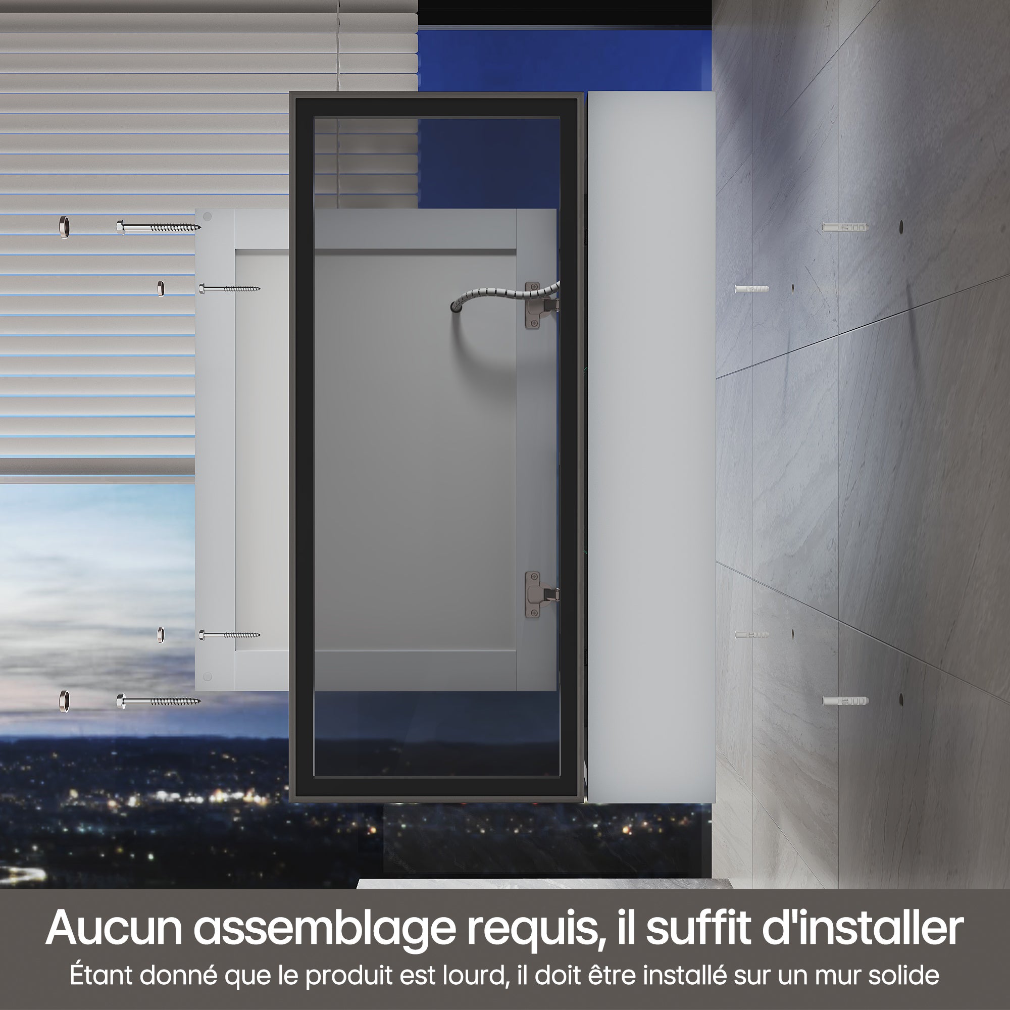 SIRHONA Armoire Miroir Salle de Bain 70x60x13cm avec Porte Vitrée, Miroir Anti-Buée Localisée 3 Lumières et Étagère Verre avec Prise - Gris Maroc - 8