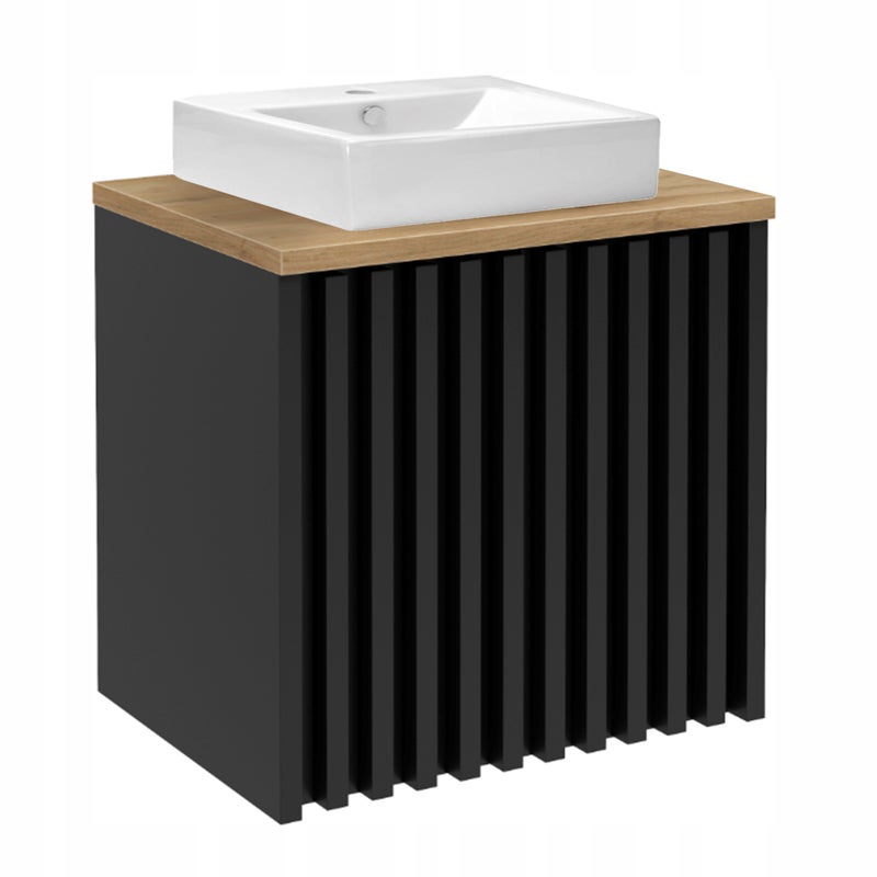Szafka do Łazienki Czarna Lamele z Umywalką i Blatem Dąb 60x56x45cm Wisząca