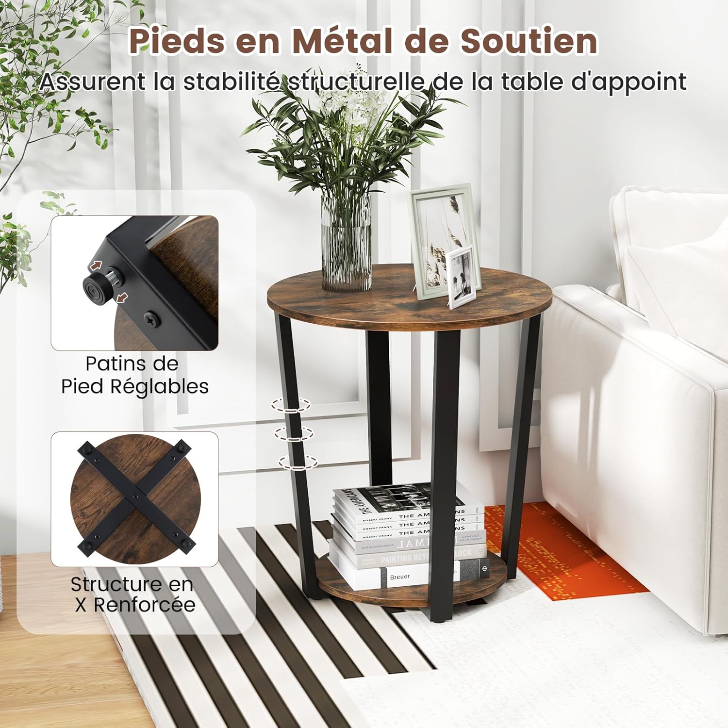 Bout de Canapé Rond à 2 Niveaux, Table d'Appoint avec Etagère de Rangement, Cadre en Métal, Style Industriel, Table Compacte(Marron Rustique) - 8
