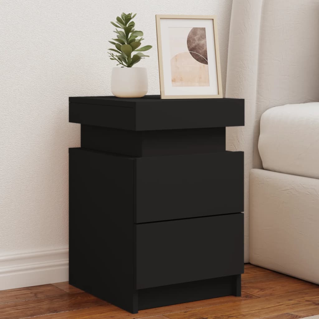 Mesita De Noche Negra Con Aspecto De Roble - 40x35x47.5 Cm, 2 Cajones, Patas Metálicas, Fácil Montaje