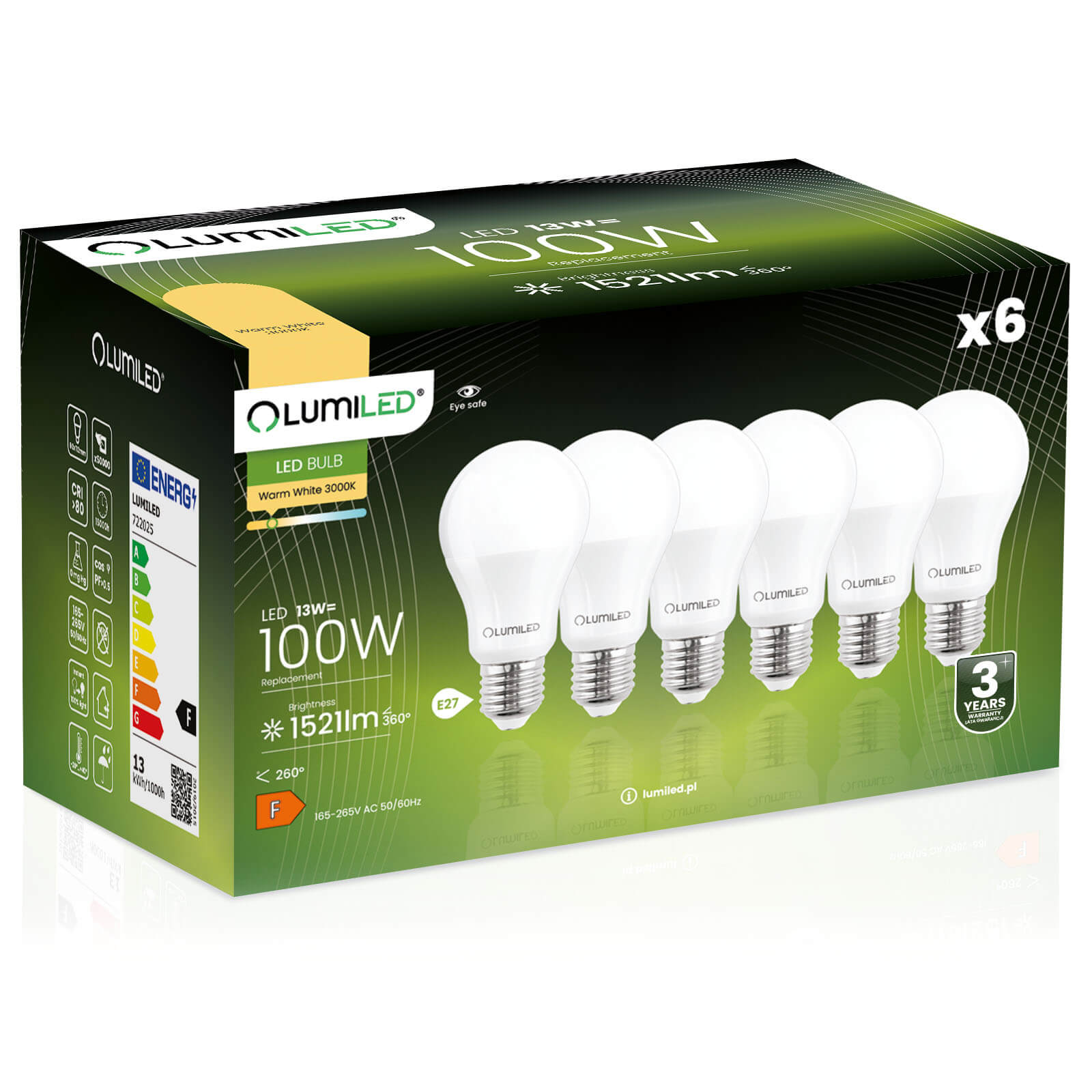 6x Żarówka Lumiled LED E27 A60 13W = 100W 1521lm 3000K Ciepła 260st