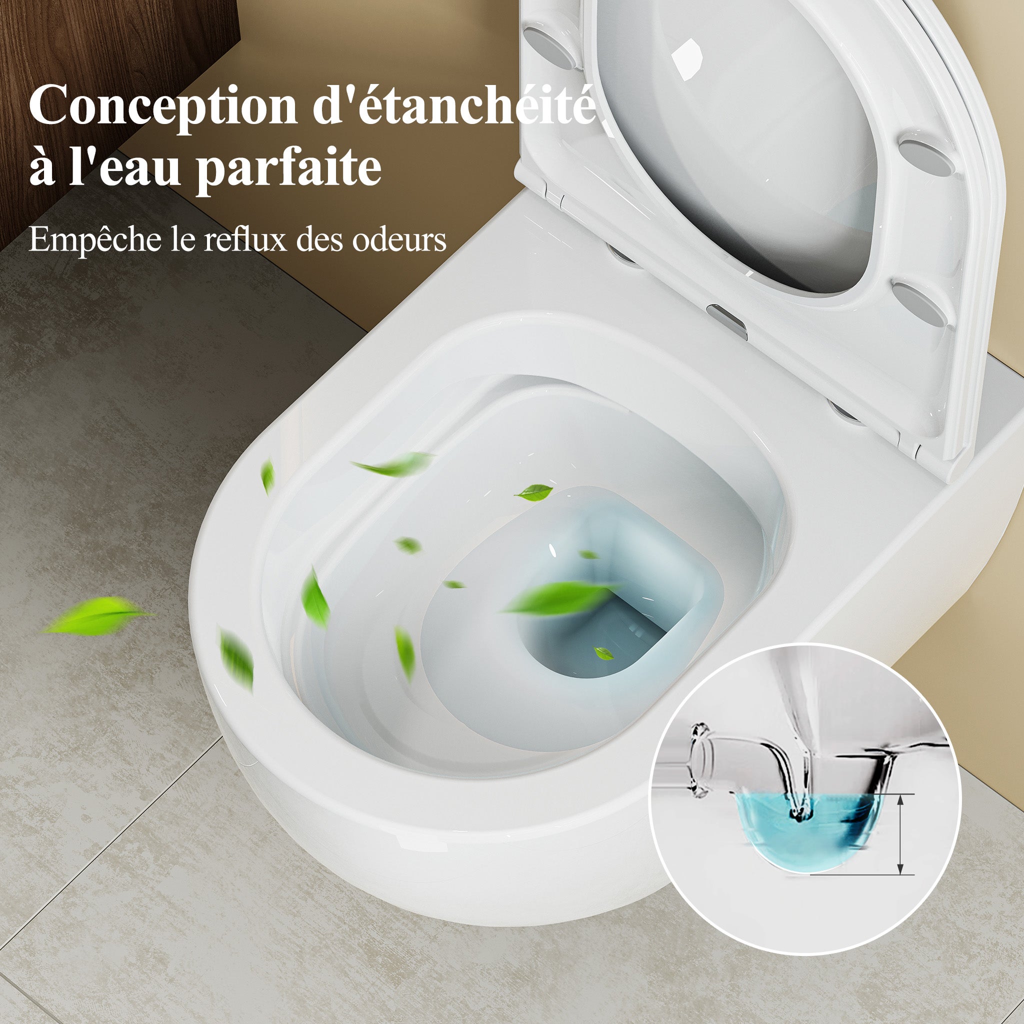 HOROW WC Suspendu sans bride Céramique, toilettes suspendues avec abattant, Conception de chasse d'eau à double orifice à 360° - 525 x 358 x 360 mm - 8
