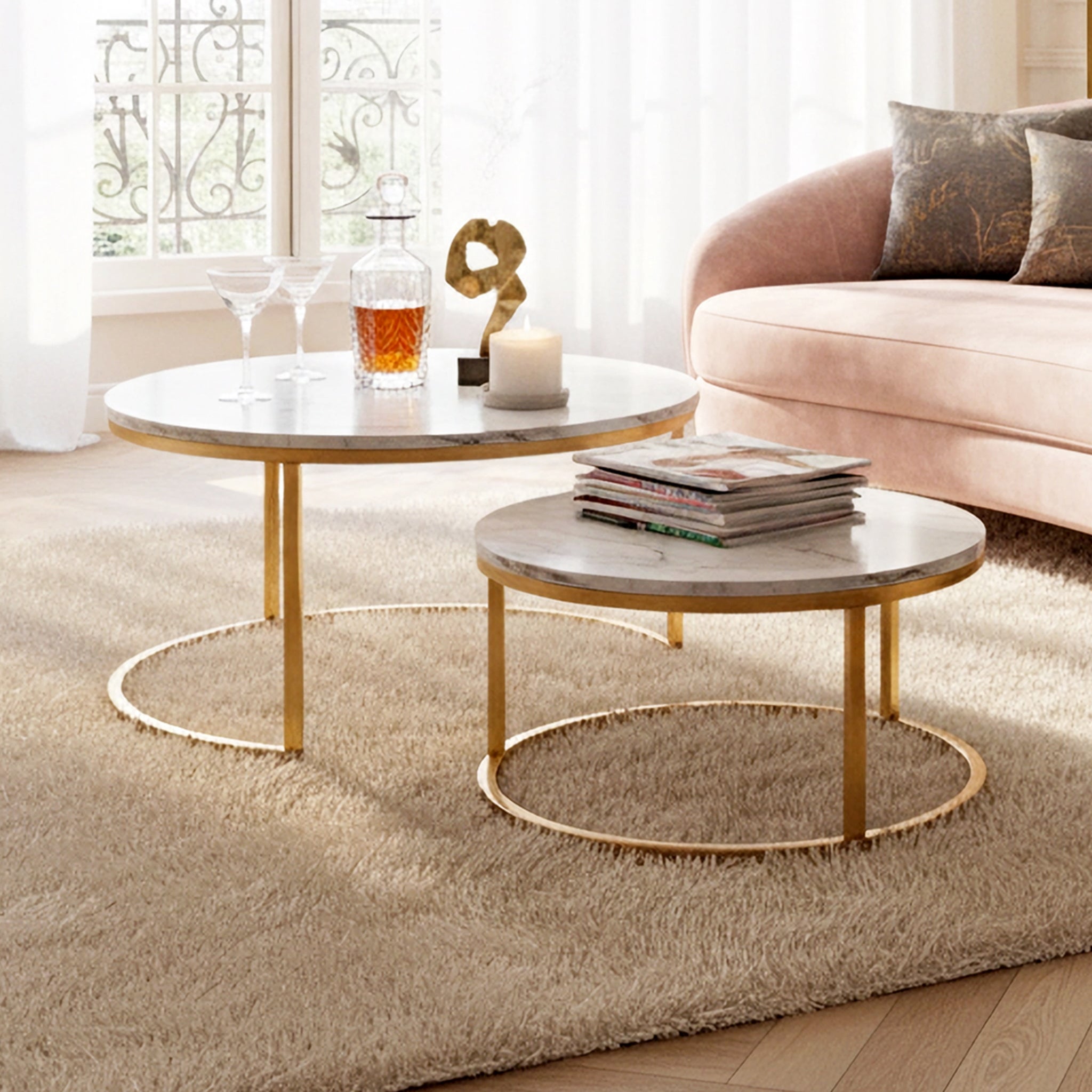 DreamMespace Lot de 2 Tables Basses Gigognes 80/60 cm - Effet Marbre Blanc et Pieds Métal Doré, Modulable - 2