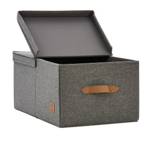 Scatola Portaoggetti XL In Lino 62x37,5x39 Cm – Coperchio Magnetico, Pieghevole, Rinforzo MDF, Maniglie In Pelle Tessile
