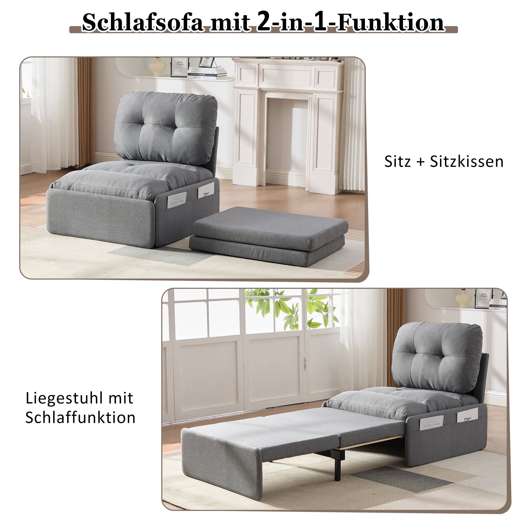 Sofa 2 w 1 z łóżkiem lnianym i metalowymi nogami – 81,5 x 92/195 x 90 cm – kieszenie do przechowywania – szara - 5