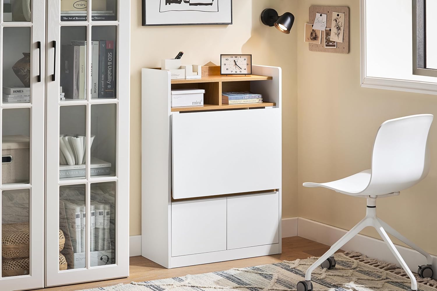 SoBuy Bureau Pliant Table d'Ordinateur Rabattable, Table de Bureau avec Étagères de Rangement, Blanc-Naturel FWT109-WN - 2