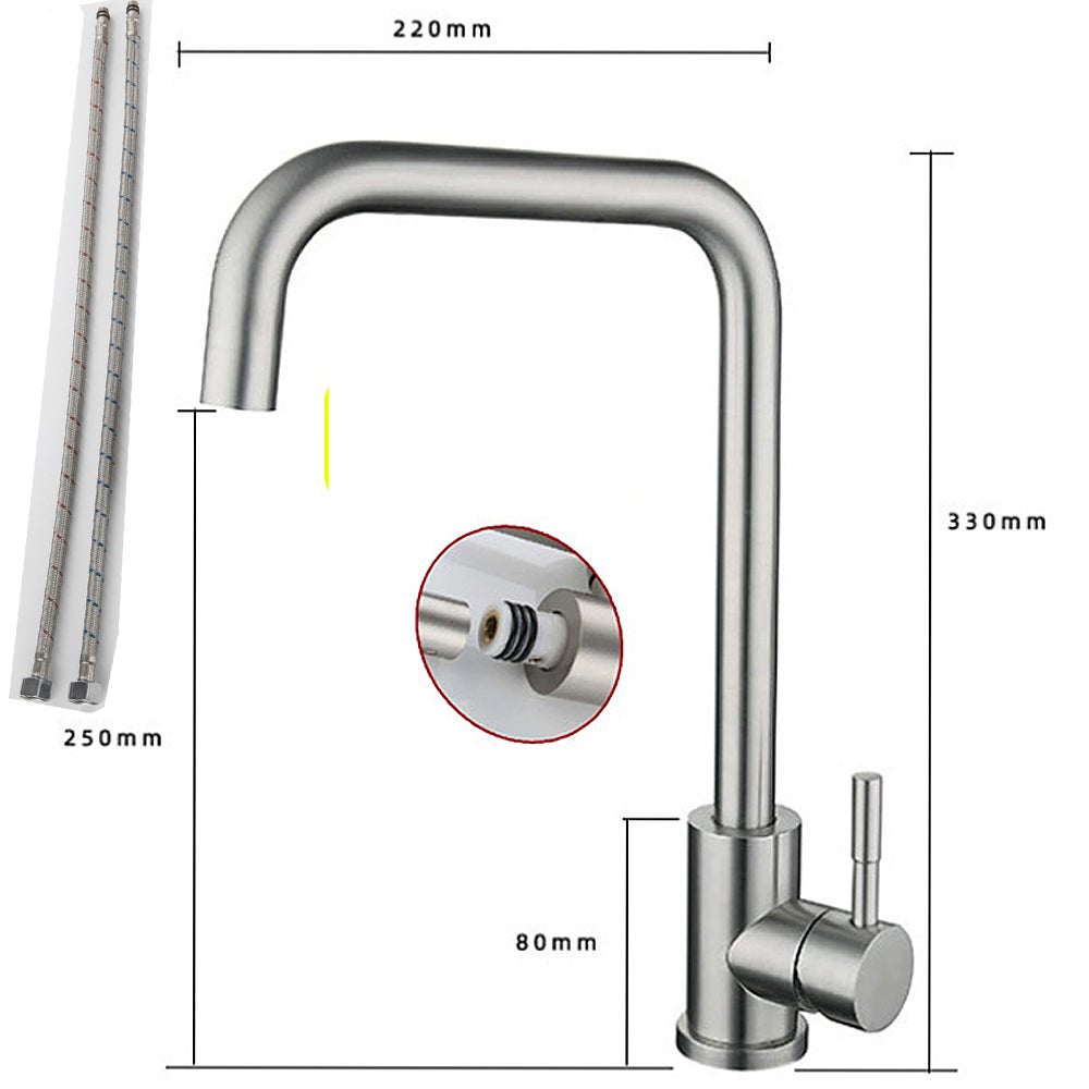 Bateria kuchenna ze stali nierdzewnej 304 do ciepłej i zimnej wody, mieszacz obrotowy 360 stopni, pojedynczy uchwyt w kształcie litery L.